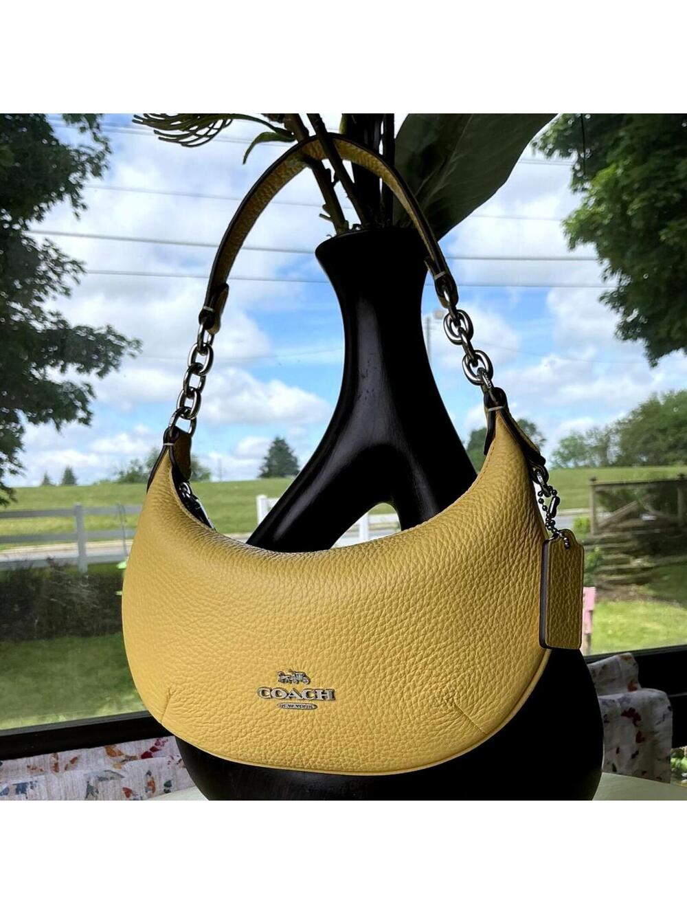 Rare Summer Yellow Coach Mini Payton Bag Refined Pebble Leather Half-Moon Purse
